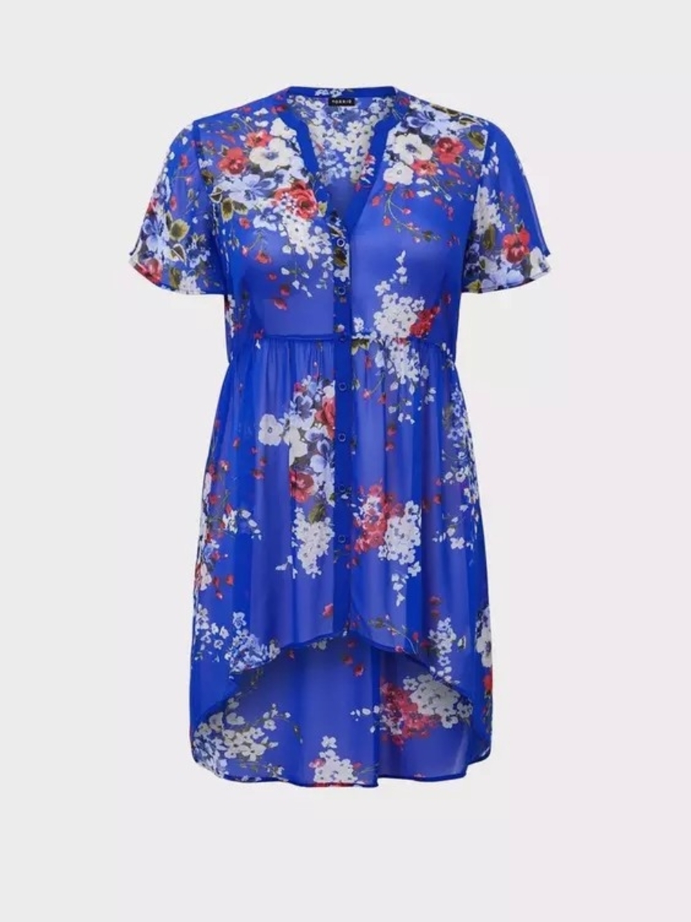 torrid Blue Floral Top with Grey & Yellow Accents
